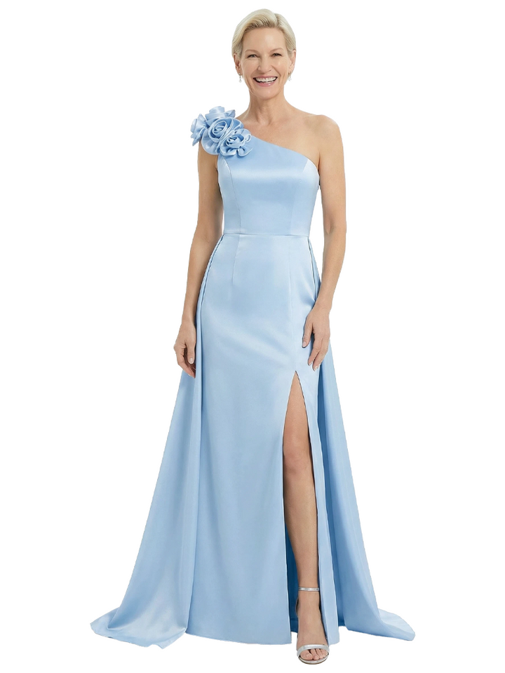 Sexy One Shoulder Side Slit Mermaid Satin Mother of the Groom Evening Dress