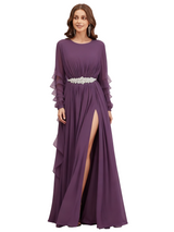 Elegant Scoop Long Sleeves Chiffon A-line Long Mother of The Bride Dresses
