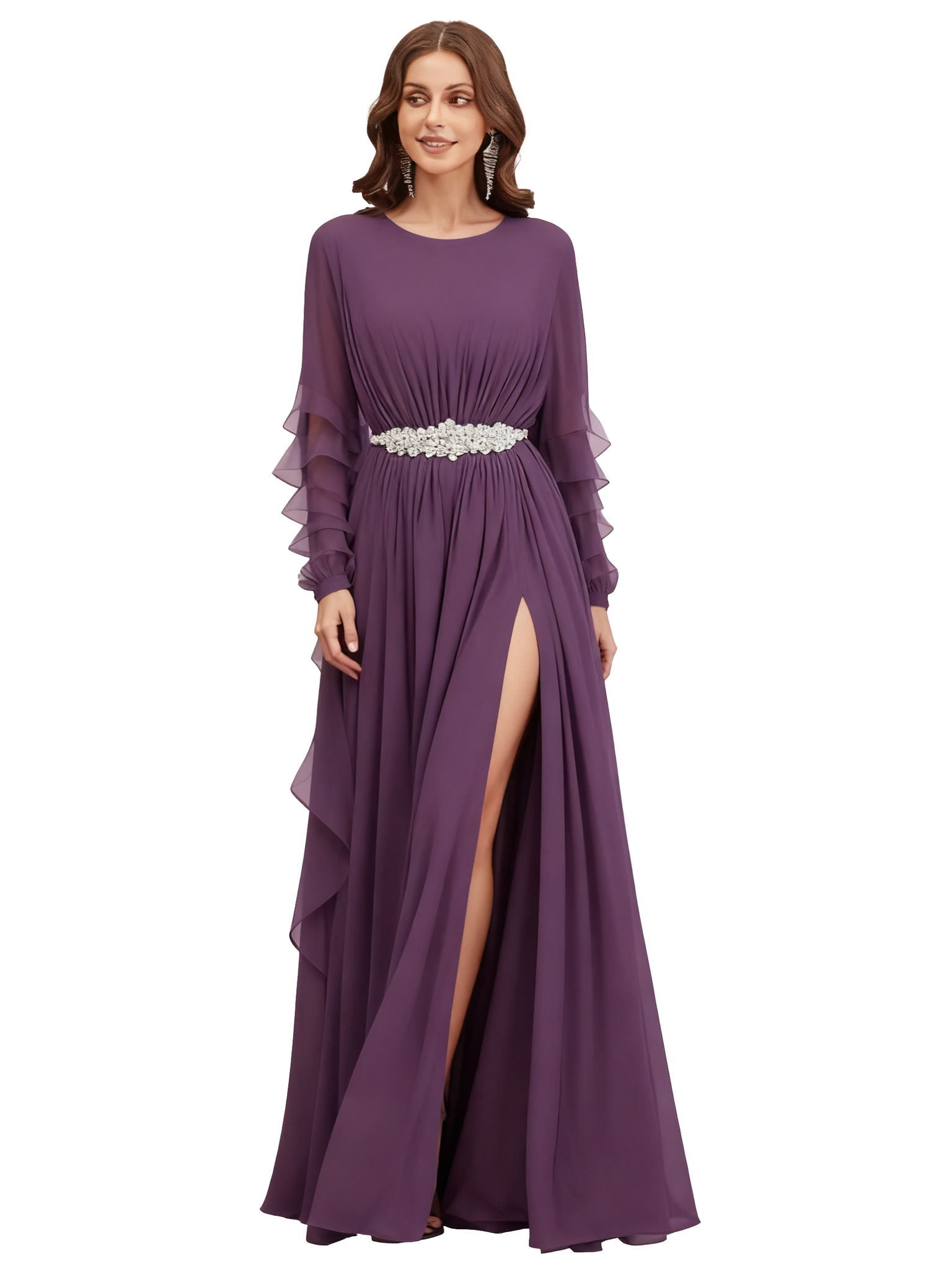 Elegant Scoop Long Sleeves Chiffon A-line Long Mother of The Bride Dresses