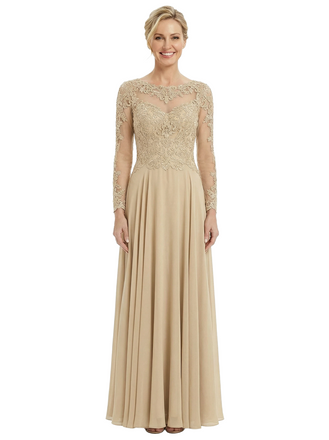 Chicsew Mother of The Bride Dresses Scoop Long Sleeve Lace Chiffon Maxi Gown Pretty Embroidered Formal Wedding Event Attire