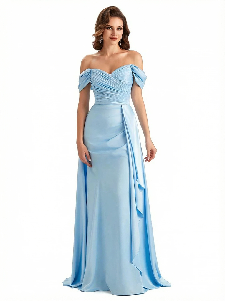 Sexy Off Shoulder Ruched Satin Ruffle A-Line Silky Satin Long Formal Dresses