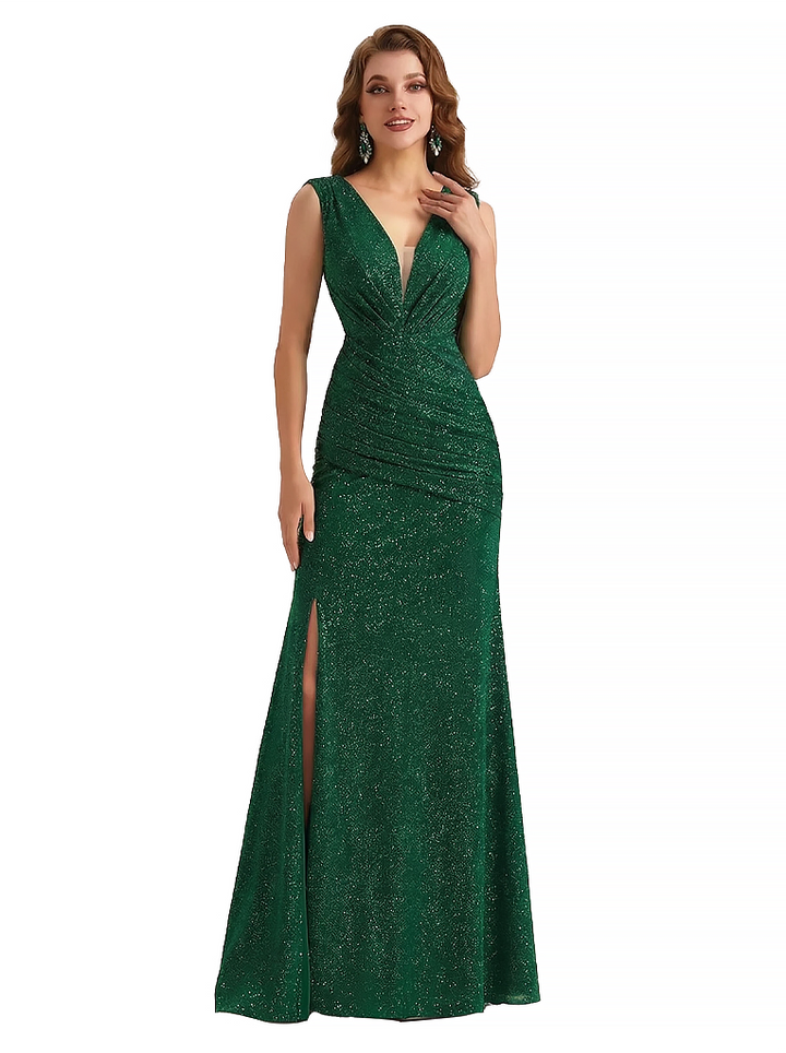 Shiny Spaghetti Straps Mermaid Glitter Jersey Side Slit Maxi Formal Dresses For Women