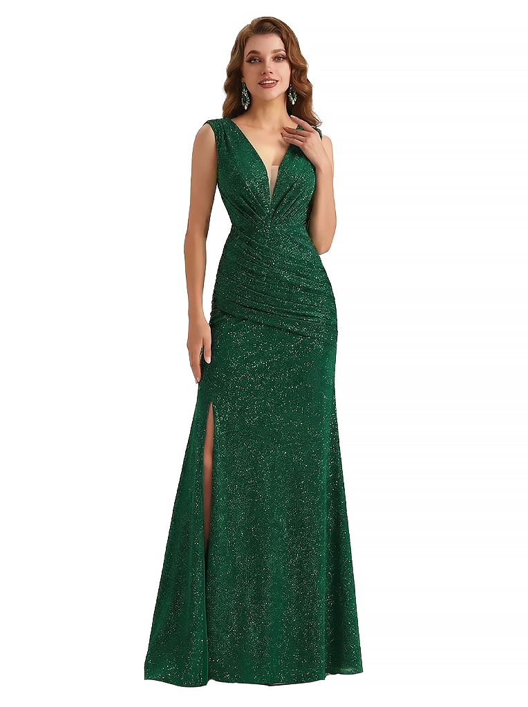 Shiny Spaghetti Straps Mermaid Glitter Jersey Side Slit Maxi Formal Dresses For Women
