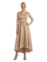 Chicsew Mother of The Bride Dresses V-Neck 3/4 Sleeve Satin High-Low Gown Elegant Beaded Formal Wedding Event Attire