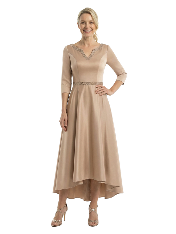 Chicsew Mother of The Bride Dresses V-Neck 3/4 Sleeve Satin High-Low Gown Elegant Beaded Formal Wedding Event Attire