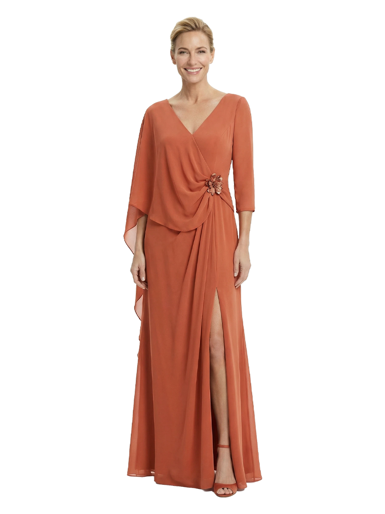 Elegant 3/4 Sleeves V-Neck Chiffon A-Line Floor-Length Beautiful Mother of The Bride Gown