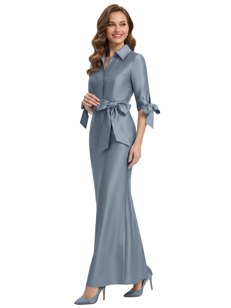 Unique 3/4 Tie Sleeves Bow Knot Mermaid Satin Mother of the Groom Evening Dress