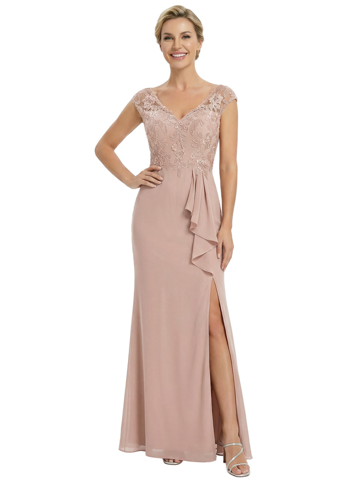 Chicsew Mother of The Groom Dresses V-Neck Cap Sleeve Chiffon Mermaid Maxi Gown With Slit Fancy Ruffled Formal Bridal Party Dress
