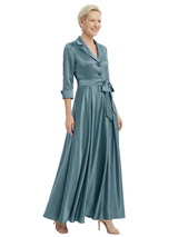 Blazer Collar Satin Mother Of The Bride Dress 3/4 Rolled Sleeves A-Line Maxi Gown