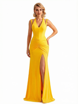 Sexy Spaghetti Straps V-neck Side Slit Jersey Mermaid Floor Length Evening Formal Dresses
