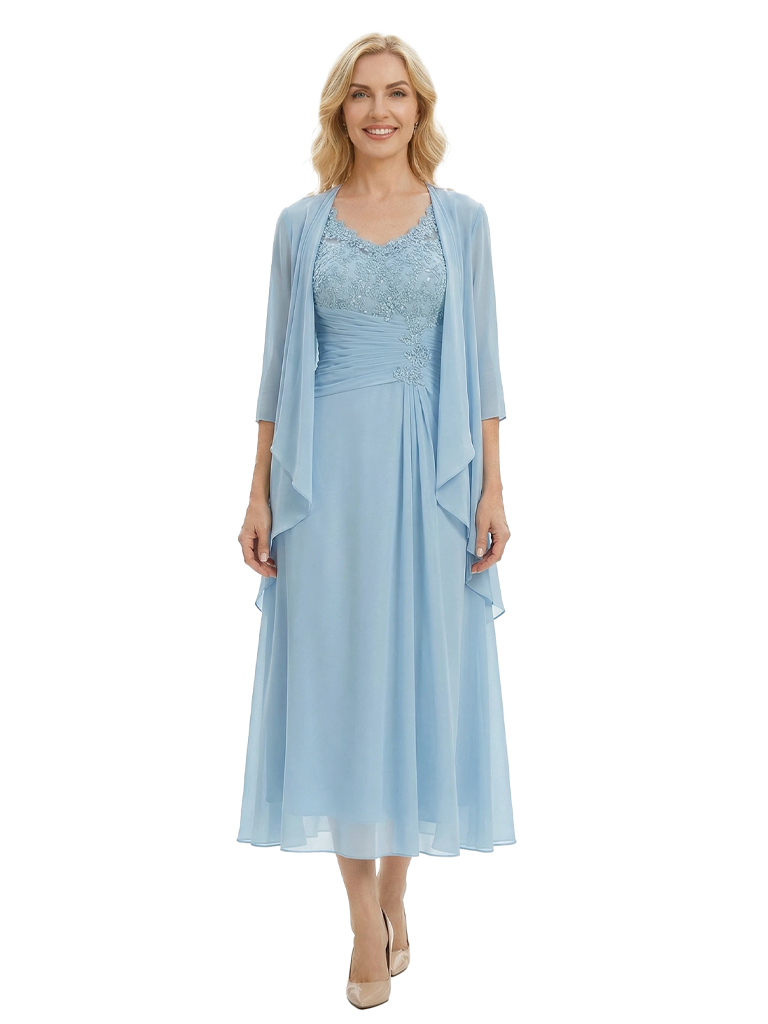 Sophisticated Lace Chiffon Mother Of The Groom Dress Tea-Length Gown And Jacket