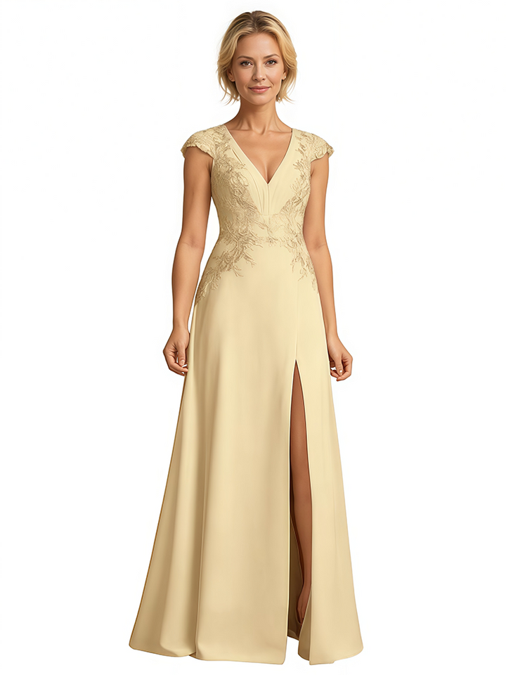 Elegant Satin V-Neck Cap Sleeves Side Slit A-Line Unique Long Mother Of The Bride Dresses
