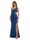 Shiny One Shoulder Mermaid Glitter Jersey Side Slit Maxi Formal Dresses For Women
