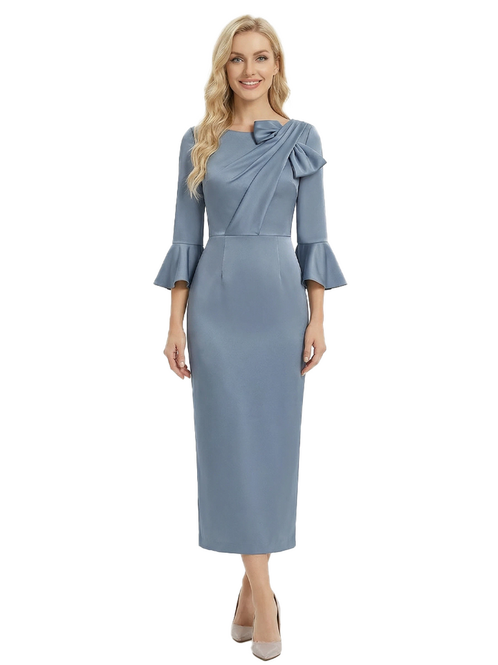 Elegant 3/4 Sleeves Jewel Ruched Mermaid Satin Mother of the Groom Evening Dress