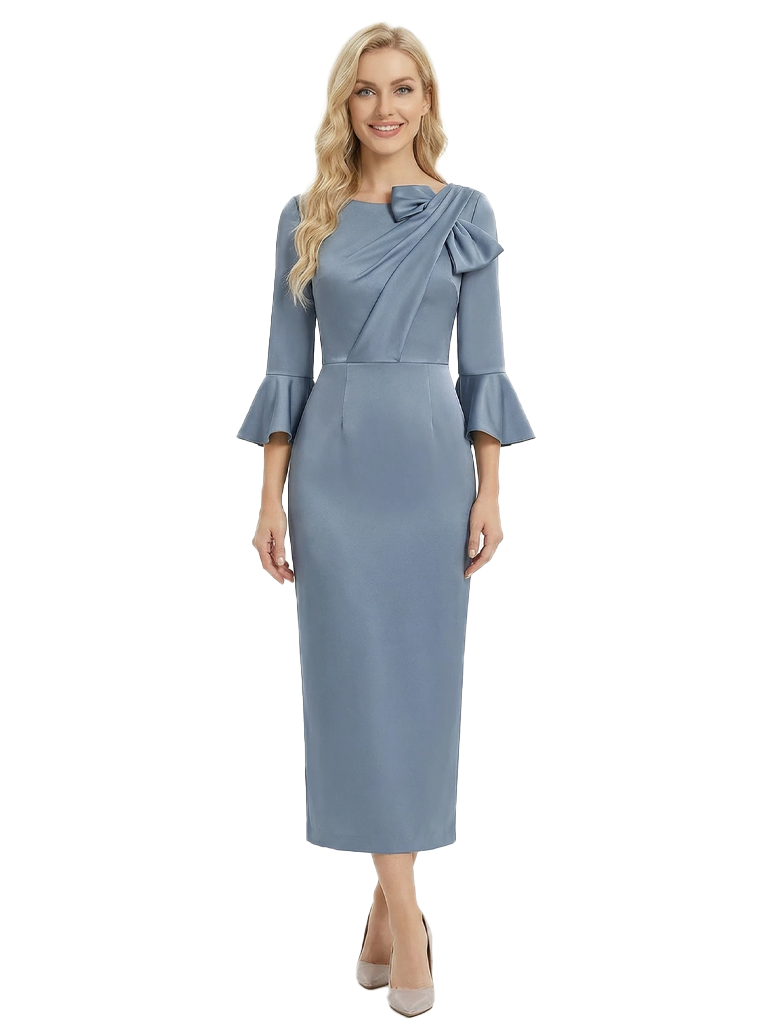 Elegant 3/4 Sleeves Jewel Ruched Mermaid Satin Mother of the Groom Evening Dress