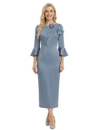 Elegant 3/4 Sleeves Jewel Ruched Mermaid Satin Mother of the Groom Evening Dress