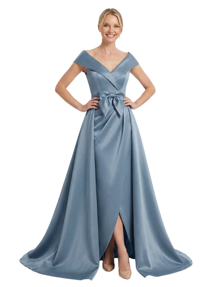 Chicsew Mother of The Groom Dresses Overskirt Cap Sleeves Satin Wedding Guest Dresses With Slit