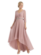 Chicsew Mother of The Groom Dresses V-Neck 3/4 Sleeve Chiffon High-Low Gown Pretty Beaded Belted Formal Bridal Party Dress