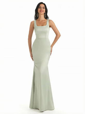 Elegant Spaghetti Straps Square Mermaid Silky Satin Maxi Evening Dresses For Women