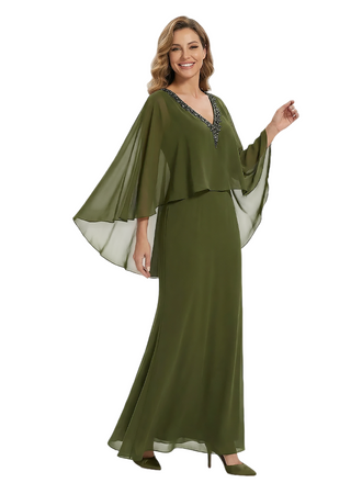 Beautiful V-Neck Cap Sleeves Beaded Chiffon Long Mother Of The Bride Dress