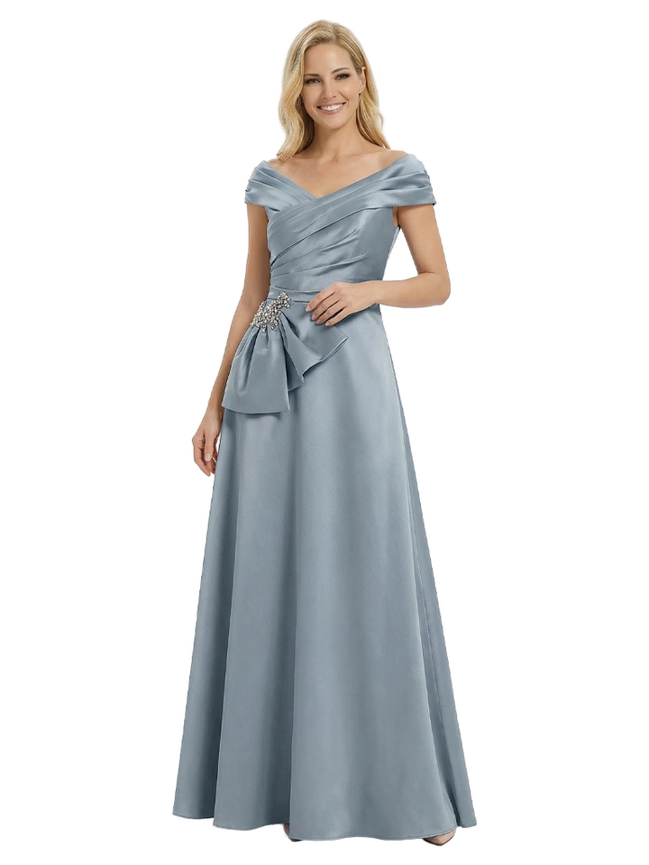 Elegant Cap Sleeves Ruffles A-Line Floor-Length Pleat Satin Mother of the Groom Evening Dress