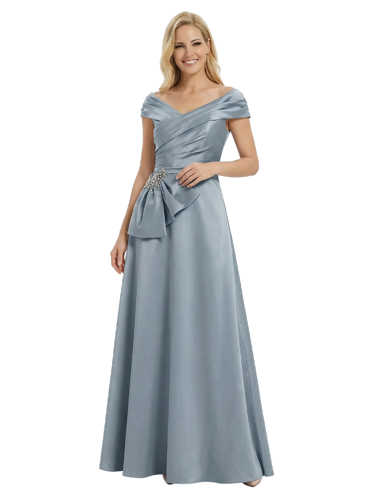 Elegant Cap Sleeves Ruffles A-Line Floor-Length Pleat Satin Mother of the Groom Evening Dress