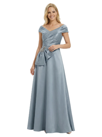 Elegant Cap Sleeves Ruffles A-Line Floor-Length Pleat Satin Mother of the Groom Evening Dress