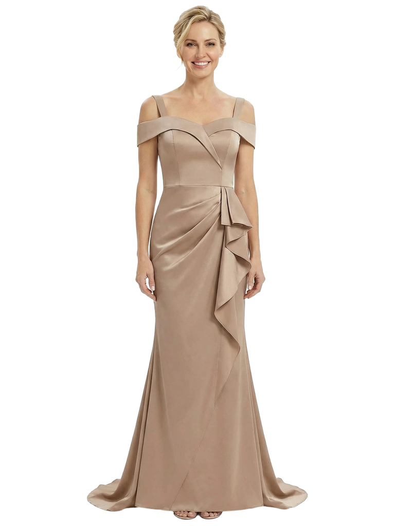 Chicsew Mother of The Groom Dresses Cold Shoulder Sleeveless Satin Mermaid Maxi Gown Classy Ruffled Formal Bridal Party Dress