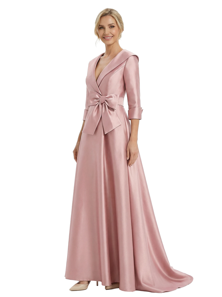 Chic Deep V-Neck 3/4 Sleeve Floor-Length With Bow Waist Mother of The Bride Satin Gown