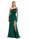 Sexy One Shoulder Silky Satin Mermaid Long Evening Gown Dresses For Women Side Slit