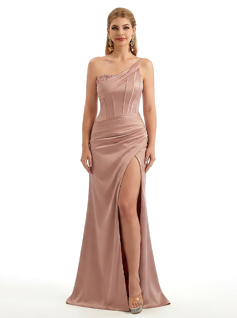 Sexy One Shoulder Silky Satin Mermaid Long Evening Gown Dresses For Women Side Slit
