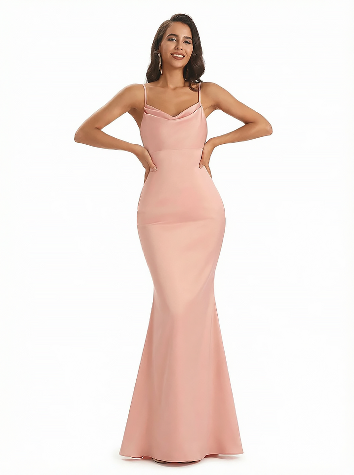 Sexy V-Neck Spaghetti Straps Silky Satin Mermaid Long Formal Dresses