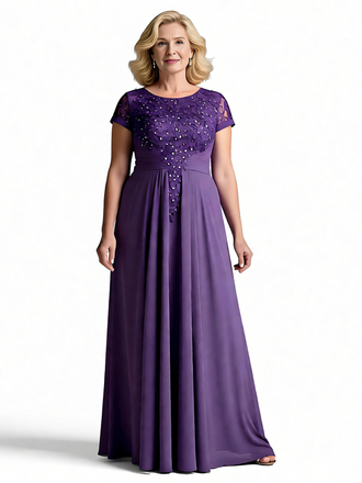 Elegant Short Sleeves Jewel Lace Chiffon A-Line Mother of The Bride Dresses