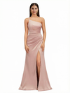 Sexy One Shoulder Side Slit Mermaid Silky Satin Ruching Maxi Evening Dresses For Women