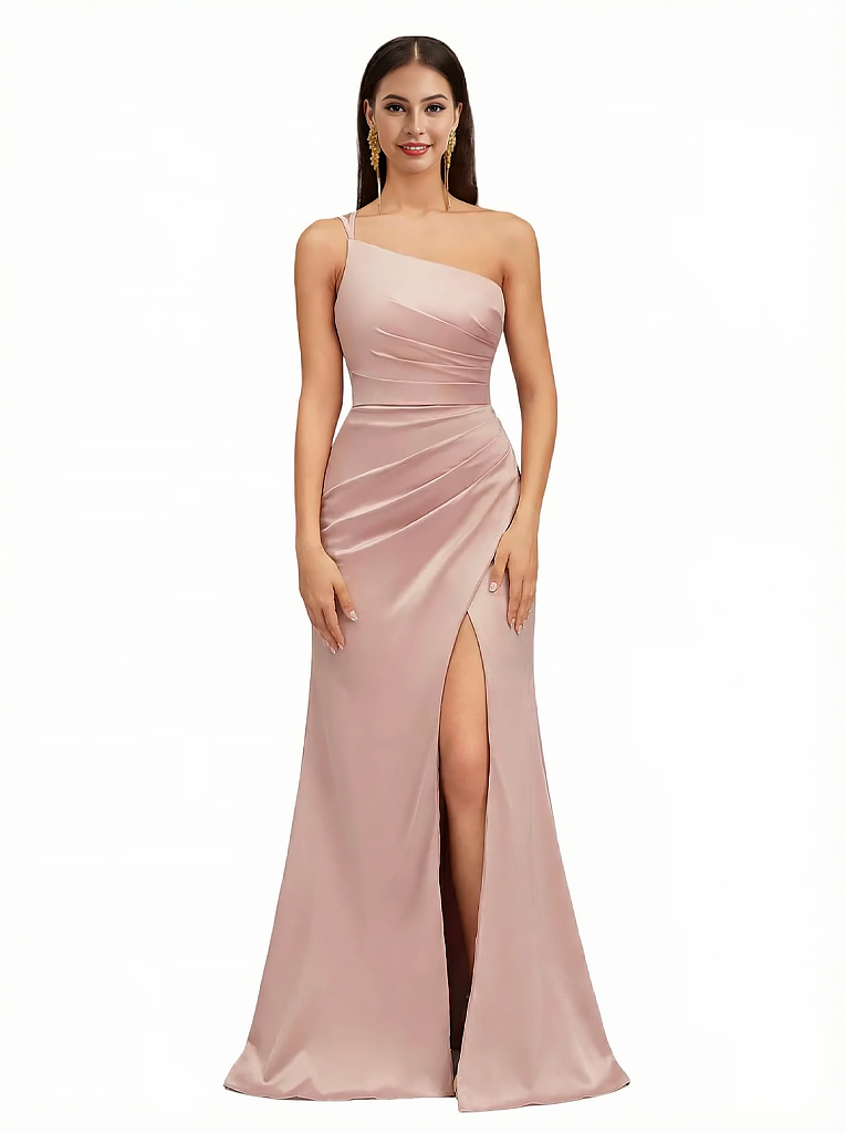 Sexy One Shoulder Side Slit Mermaid Silky Satin Ruching Maxi Evening Dresses For Women