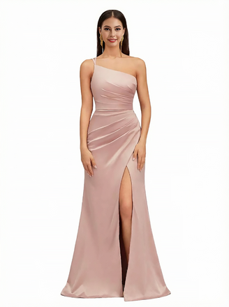 Sexy One Shoulder Side Slit Mermaid Silky Satin Ruching Maxi Evening Dresses For Women