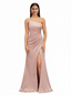 Sexy One Shoulder Side Slit Mermaid Silky Satin Ruching Maxi Evening Dresses For Women