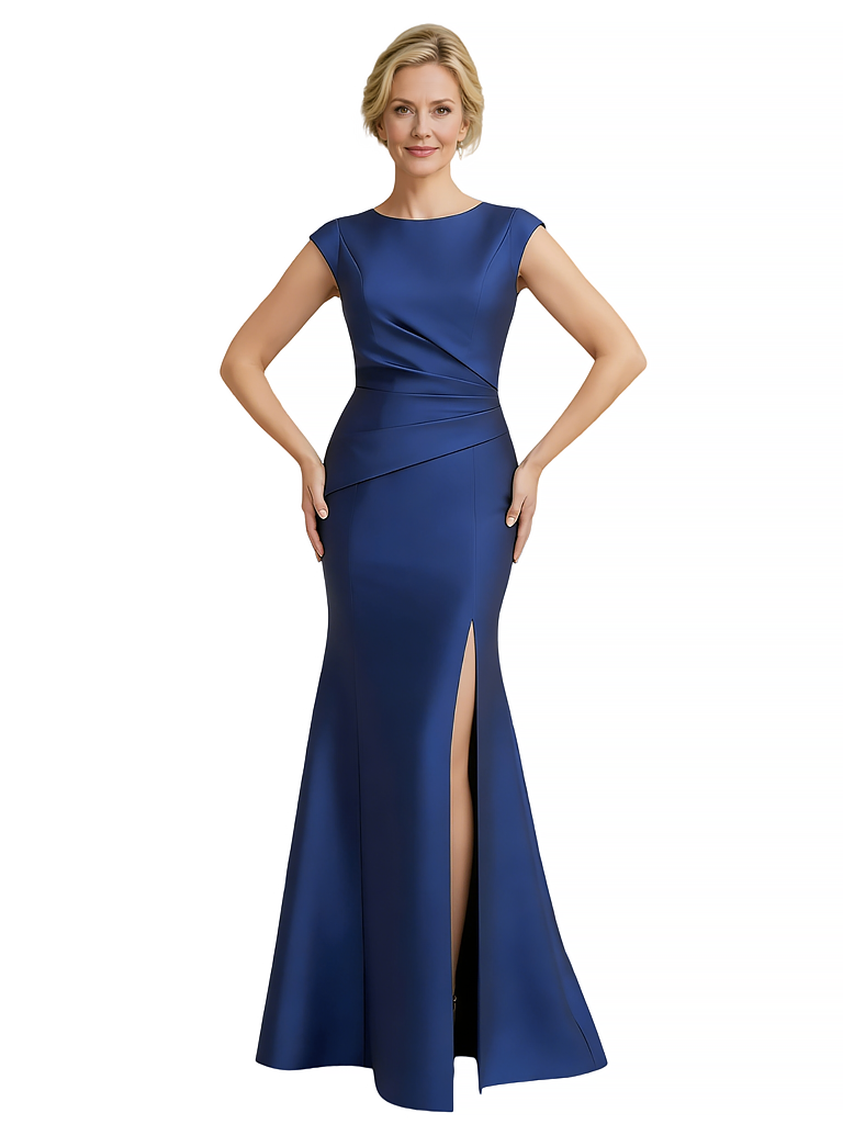 Elegant Cap Sleeves Side Slit Satin Mermaid Jewel Long Mother Of The Bride Dresses