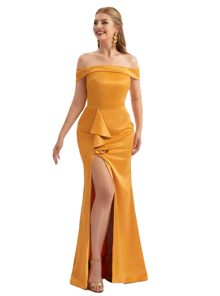Sexy Mermaid Off The Shoulder Side Slit Ruffle Satin Maxi Formal Evening Dresses For Women