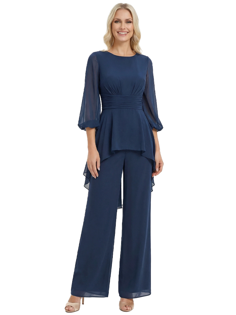 Morden Round Neck Chiffon Long Sleeves Mother Of The Groom Pants Suit