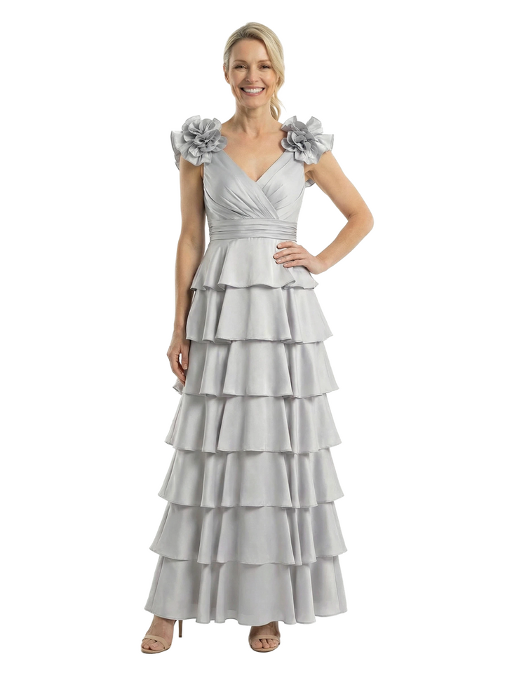 Chicsew Mother of The Bride Dresses V-Neck Sleeveless Satin Tiered Maxi Gown Unique Flower Detailed Formal Wedding Event Attire