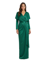 Chicsew Mother of The Bride Dresses V-Neck Long Sleeve Satin Capelet Maxi Gown Classy Belted Formal Wedding Event Attire