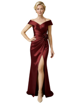 Elegant V-Neck Cap Sleeves Ruched Satin Side Slit Mermaid Mother Of The Bride Dresses