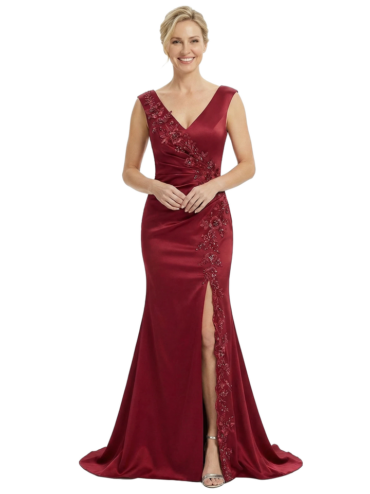 Chicsew Mother of The Groom Dresses V-Neck Sleeveless Satin Mermaid Train Gown with Slit Elegant Beaded Formal Bridal Party Dress