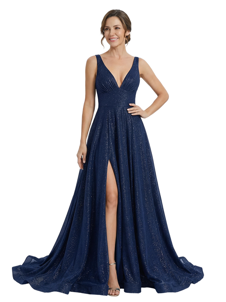 Elegant V-Neck A-Line Glitter Jersey Floor-Length Mother Of The Bride Dresses