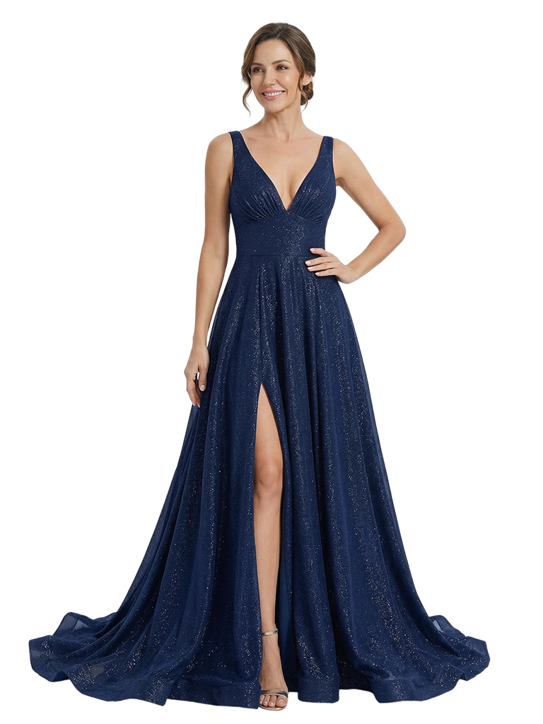 Elegant V-Neck A-Line Glitter Jersey Floor-Length Mother Of The Bride Dresses