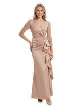 Chicsew Mother of The Groom Dresses V-Neck 3/4 Sleeve Satin Mermaid Maxi Gown Pretty Lace Detailed Formal Bridal Party Dress