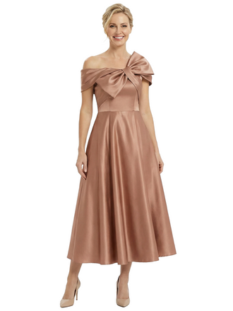 Chicsew Mother of The Bride Dresses Off The Shoulder Satin Tea Length Gown Unique Bow Detailed Formal Wedding Dress