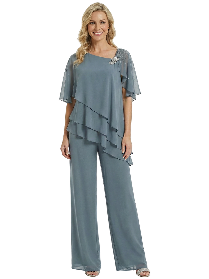 Morden Asymmetric Neck Chiffon Half Sleeves Mother Of The Bride Pantsuits Plus Size