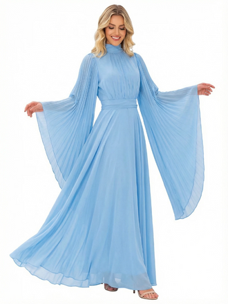 High Neck Pleated Chiffon Mother Of The Bride Dress Bell Sleeves A-Line Maxi Gown with Waist Sash